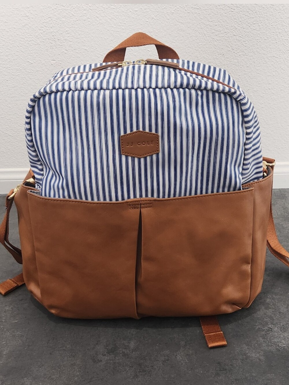 JJ Cole Tan & Blue Striped Backpack Diaper Bag